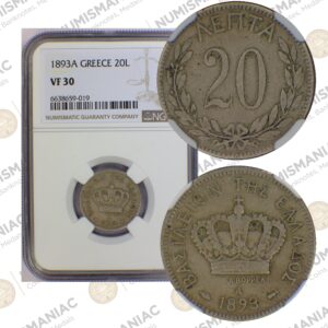 Greece 🇬🇷 CuNi Coin 20 Lepta 1893 NGC VF30.