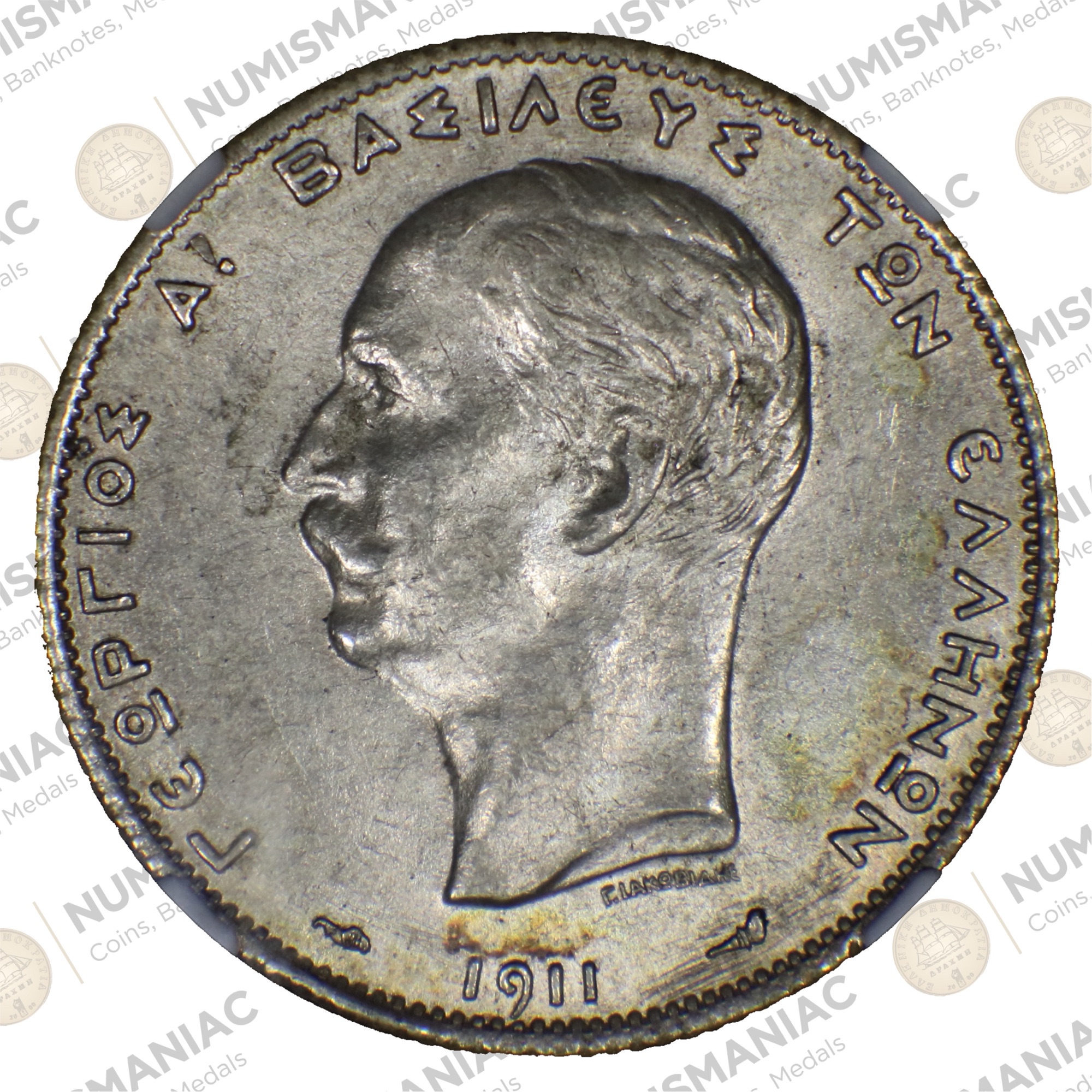 Greece 🇬🇷 1911 2 Drachmai Silver Coin -- King George A' -- NGC MS63.A