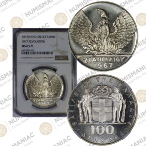 Greece 🇬🇷 1970 King Konstantine B' -- 100 Drachmai Silver Coin NGC MS65PL.