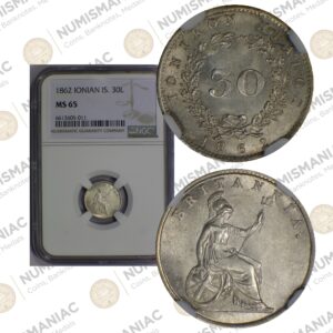 Greece 🇬🇷 1862 Silver Coin 30 Lepta — Ioanian States — NGC MS65.