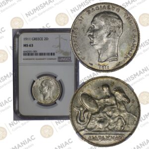 Greece 🇬🇷 1911 2 Drachmai Silver Coin -- King George A' -- NGC MS63.