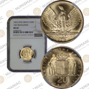 Greece 🇬🇷 1970 King Konstantine B' -- 20 Drachmai Gold Coin NGC MS68.