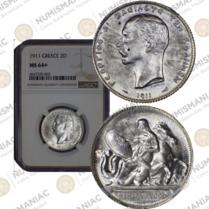 Greece 🇬🇷 1911 2 Drachmai Silver Coin -- King George A' -- NGC MS64+.