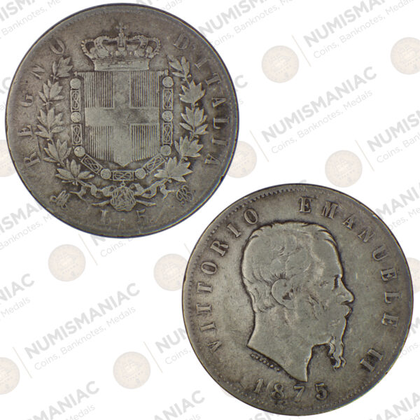 Italy 🇮🇹 5 Lire 1875 Silver - Vittorio Emanuele II.