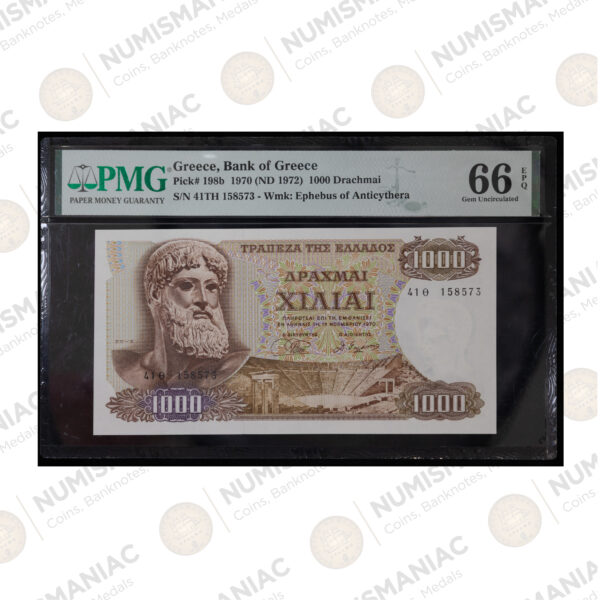 Greece 🇬🇷 1970 1000 Drachmai Banknote Pick#198b PMG 66 Gem Uncirculated EPQ. - Image 2