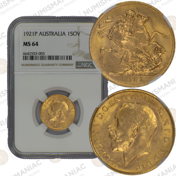 Australia 🇦🇺 1921P King George V Gold Sovereign NGC MS64.