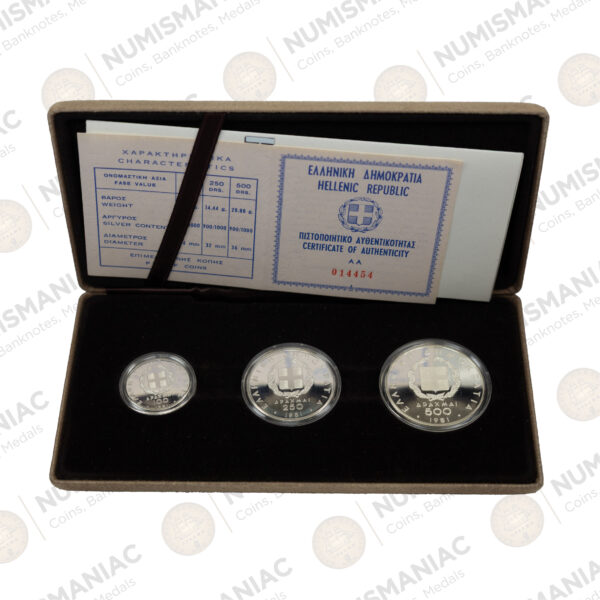 Greece 🇬🇷 1981 Silver 3 Coin Proof Set 500Dr- 250Dr-100Dr "Kaloskagathos". - Image 2