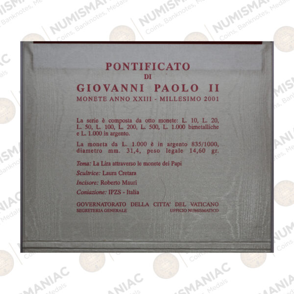 Vatican 2001 Vatican Coin Set – Last Lira Issue – Pope John Paul II – Official BU Set. - Image 4
