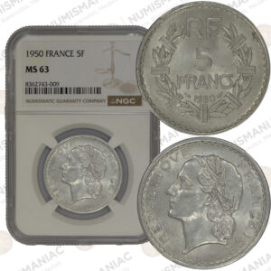 France 🇫🇷 Republic 1950 5 Francs - NGC MS63
