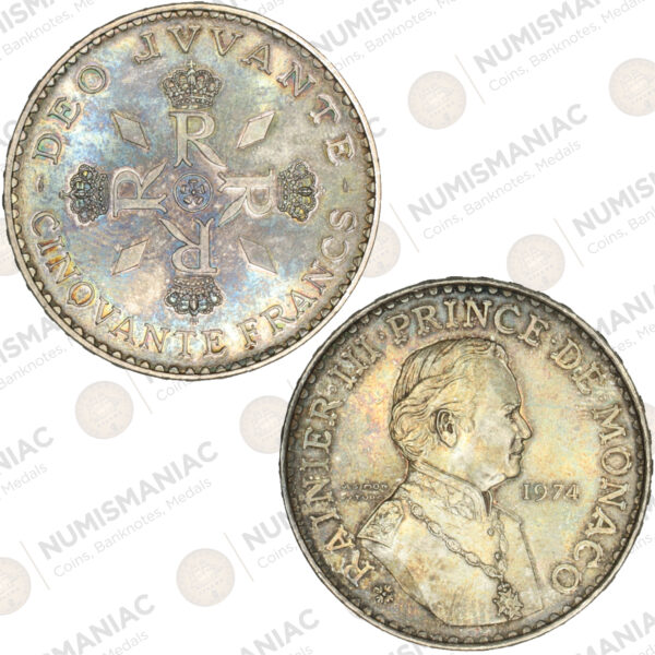 Monaco 🇲🇨 1974 Silver 50 Francs – Rainier III Anniversary of Reign Commemorative Coin .