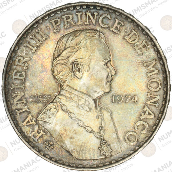 Monaco 🇲🇨 1974 Silver 50 Francs – Rainier III Anniversary of Reign Commemorative Coin . - Image 3