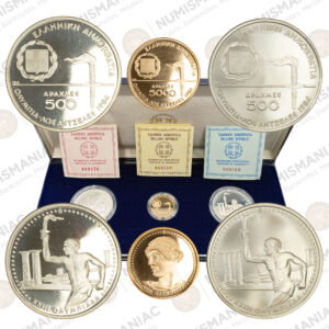 Greece 🇬🇷 1984 Olympic Coin Set – Gold 5,000 Drachmai & 2× Silver 500 Drachmai, Los Angeles Games.