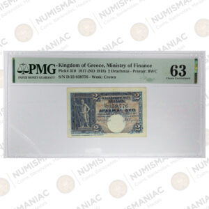 Greece 🇬🇷 Kingdom of Greece 2 Drachmai 1917 (ND 1918) Pick#310 PMG 63 Choice Uncirculated.