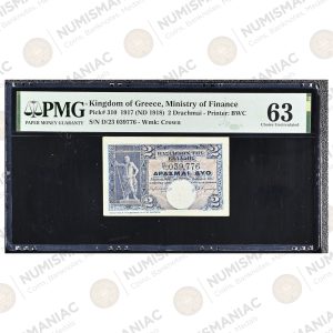 Greece 🇬🇷 Kingdom of Greece 2 Drachmai 1917 (ND 1918) Pick#310 PMG 63 Choice Uncirculated.