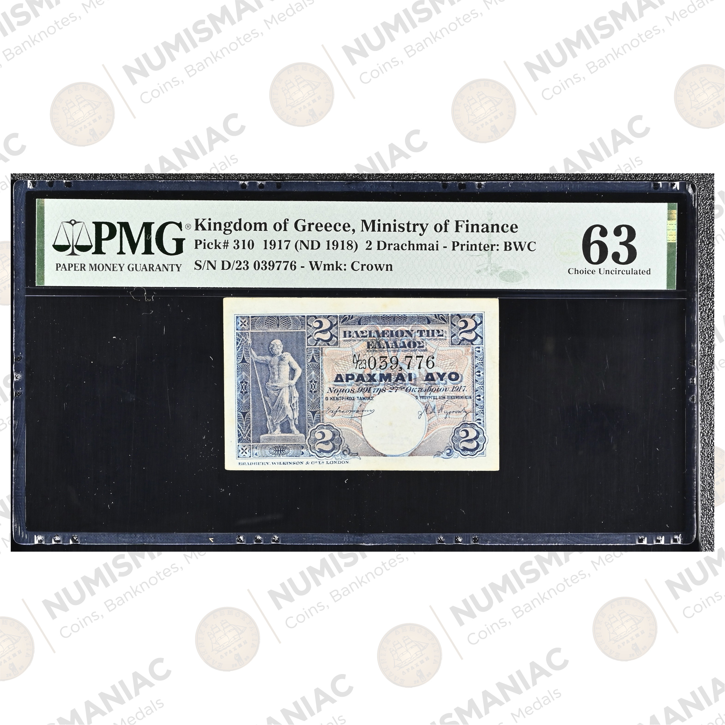 Greece 🇬🇷 Kingdom of Greece 2 Drachmai 1917 (ND 1918) Pick#310 PMG 63 Choice Uncirculated.