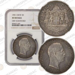 Greece 🇬🇷 1901 Cretan State 5 Drachmai Silver Coin – Prince George – NGC XF Details.
