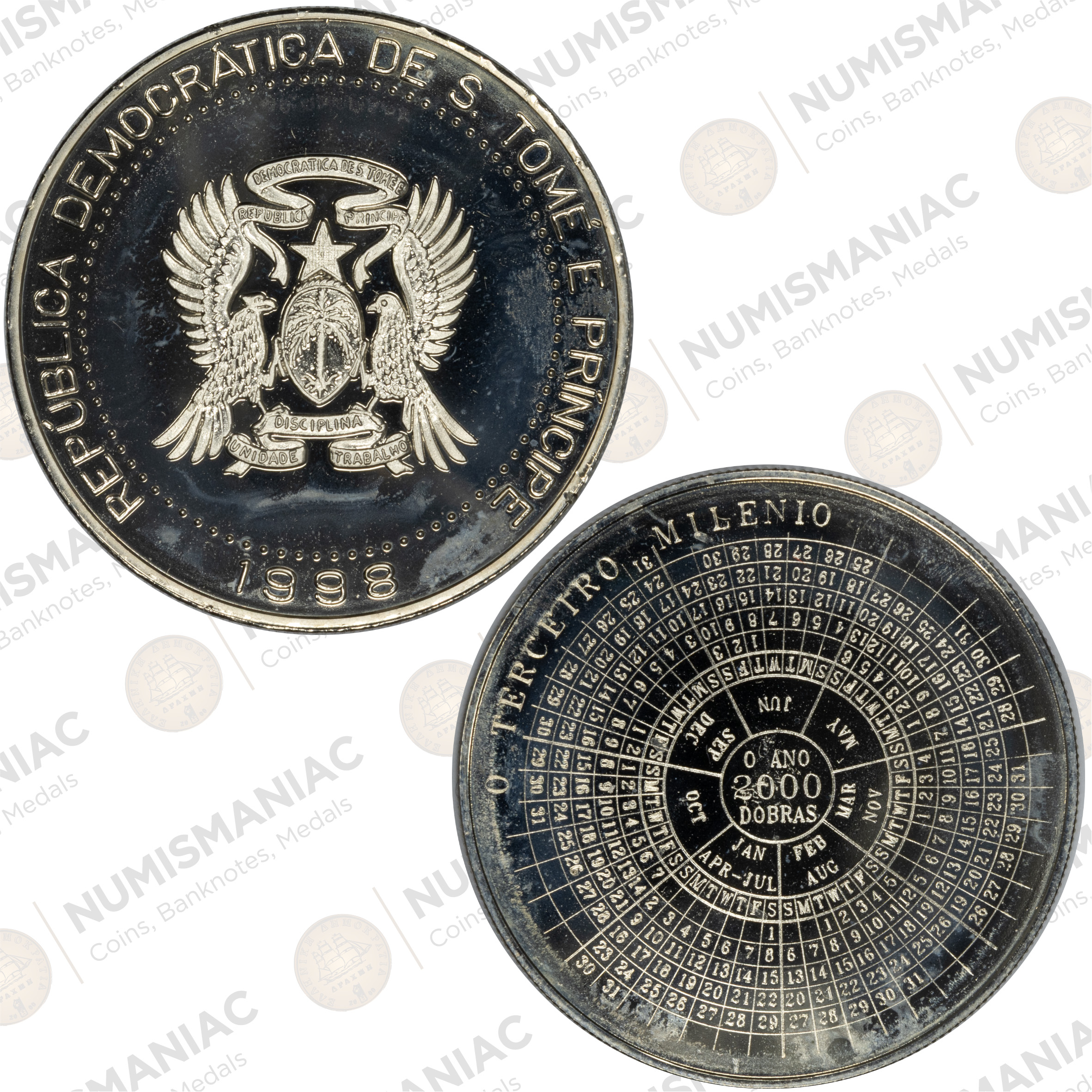 São Tomé & Príncipe 1998 - 2000 Dobras CuNi Coin – Republic Coat of Arms Proof Issue.