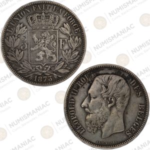 Belgium 1873 Silver 5 Francs Coin – King Leopold II – Large Crown Size Investment Coin.  (Ag/25gr/ 0.900).