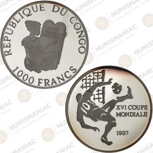 Congo 🇨🇩 1000 Francs 1997 Silver Coin – FIFA World Cup Soccer Commemorative (Ag / 15gr / .999).