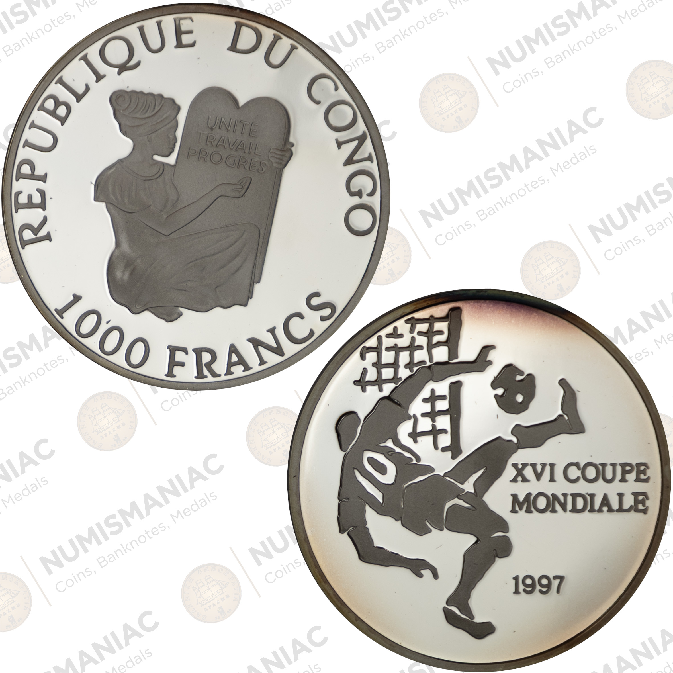 Congo 🇨🇩 1000 Francs 1997 Silver Coin – FIFA World Cup Soccer Commemorative (Ag / 15gr / .999).