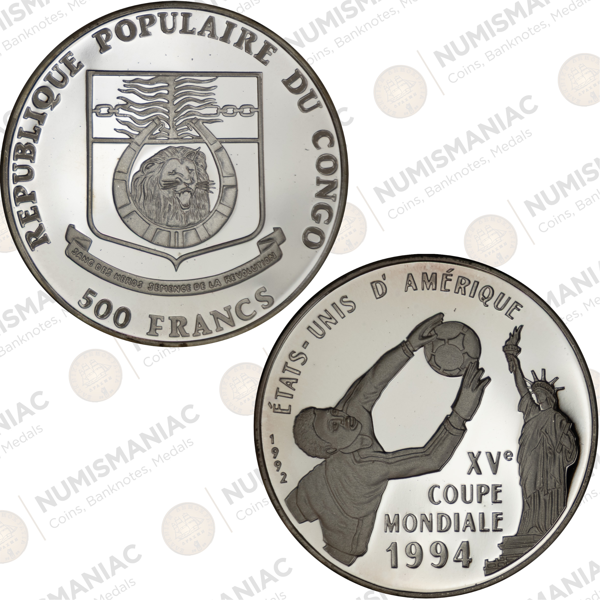 Congo 🇨🇩 500 Francs 1994 Silver Coin – FIFA World Cup Soccer Commemorative (Ag / 20gr / .999).