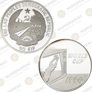 Laos 🇱🇦 50 Kip 1994 Silver Coin – FIFA World Cup Soccer Commemorative.