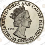 Turks & Caicos Islands 🇹🇨 20 Crowns 1993 Silver Coin – Jules Rimet & World Cup Trophy (Ag / 31.1gr / .999). - Image 3