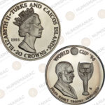 Turks & Caicos Islands 🇹🇨 20 Crowns 1993 Silver Coin – Jules Rimet & World Cup Trophy (Ag / 31.1gr / .999).