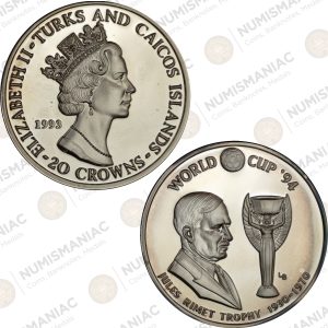 Turks & Caicos Islands 🇹🇨 20 Crowns 1993 Silver Coin – Jules Rimet & World Cup Trophy (Ag / 31.1gr / .999).