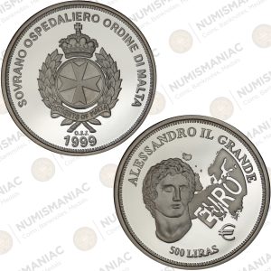 Order of Malta 500 Lire 1999 Silver Coin – Alexander the Great Commemorative (Ag / 31.1gr / .999).