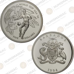 Barbados 🇧🇧 1994 Silver $5 World Cup USA ’94 Proof Coin (Ag / 28.28gr / .925).