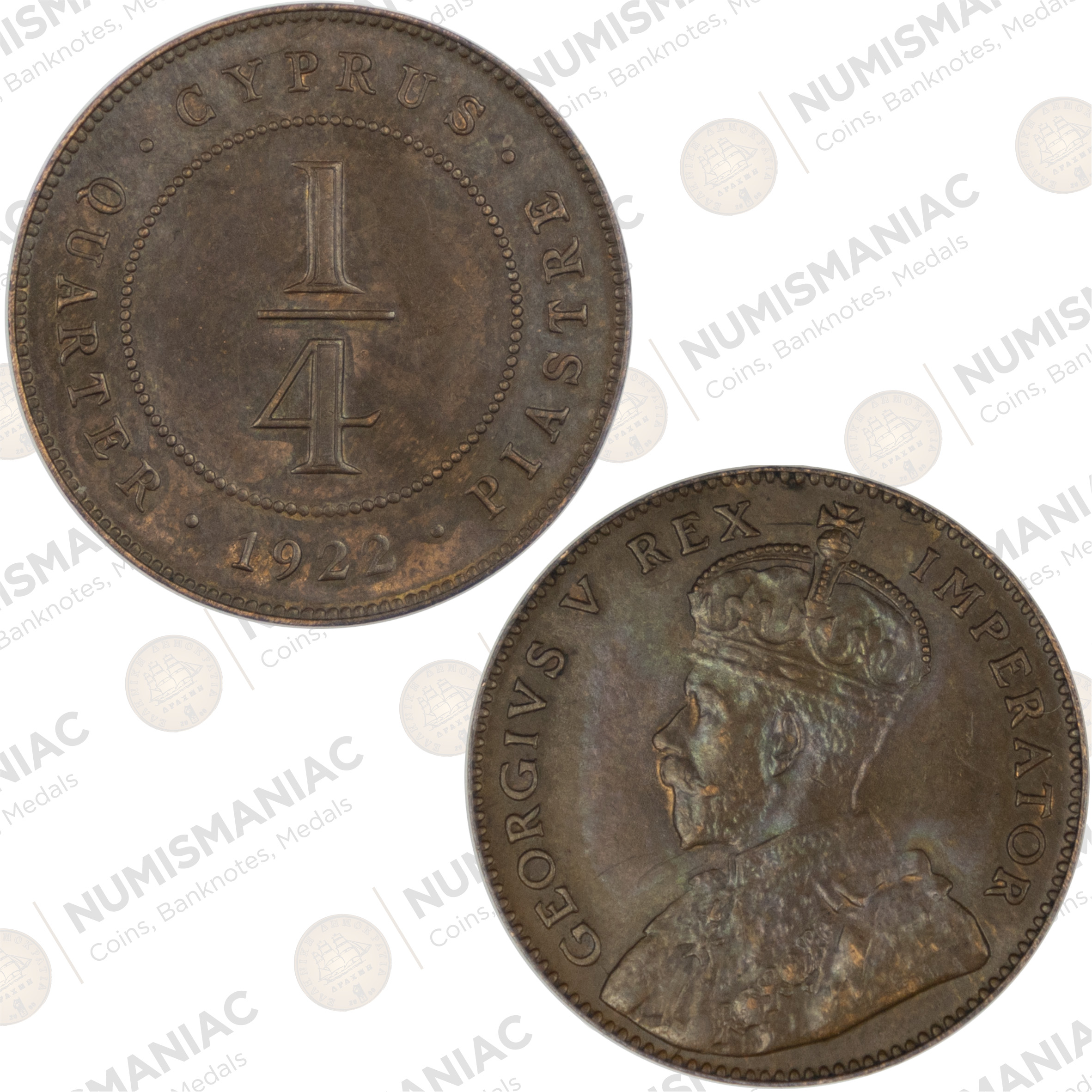 Cyprus 🇨🇾 1922 1/4 Piastre Copper Coin – King George V.