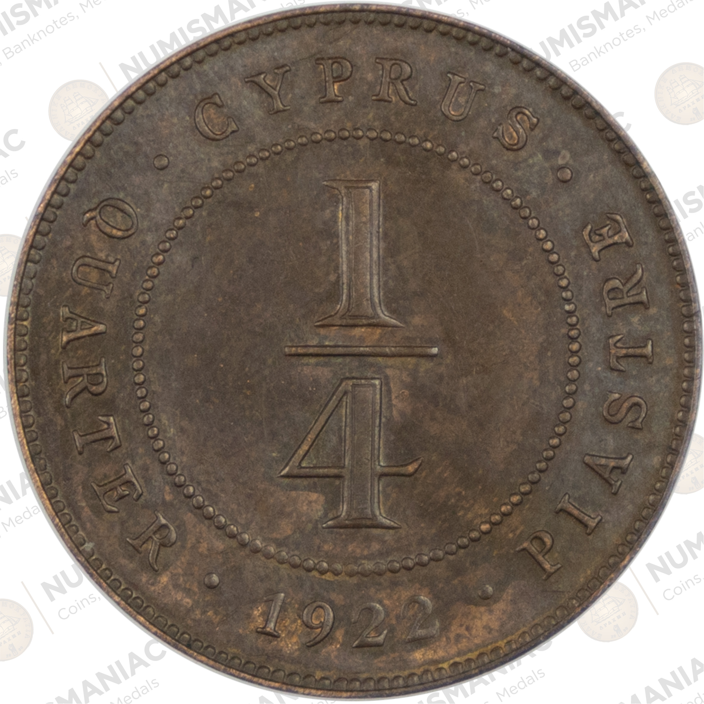 Cyprus 🇨🇾 1922 1/4 Piastre Copper Coin – King George V. - Image 2