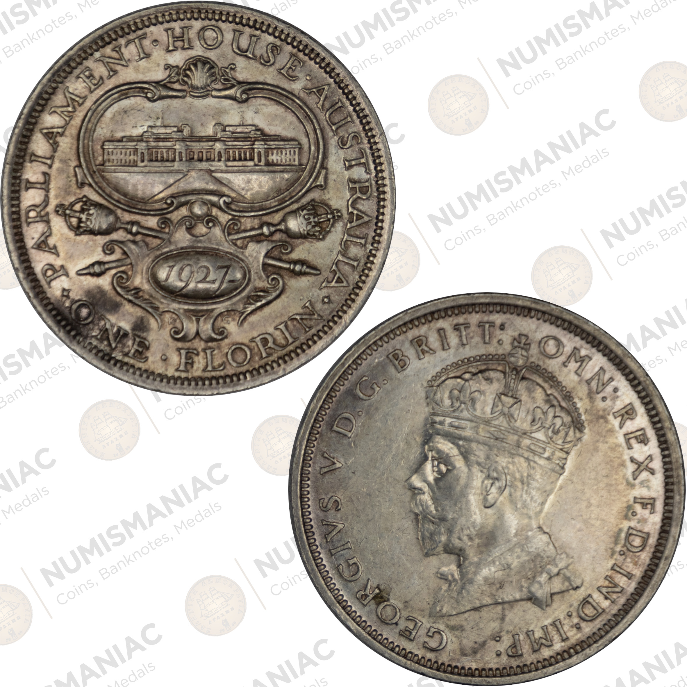 Australia 🇦🇺 1927 Silver Florin – King George V Parliament House Commemorative Coin(Ag /11.31gr / .925).