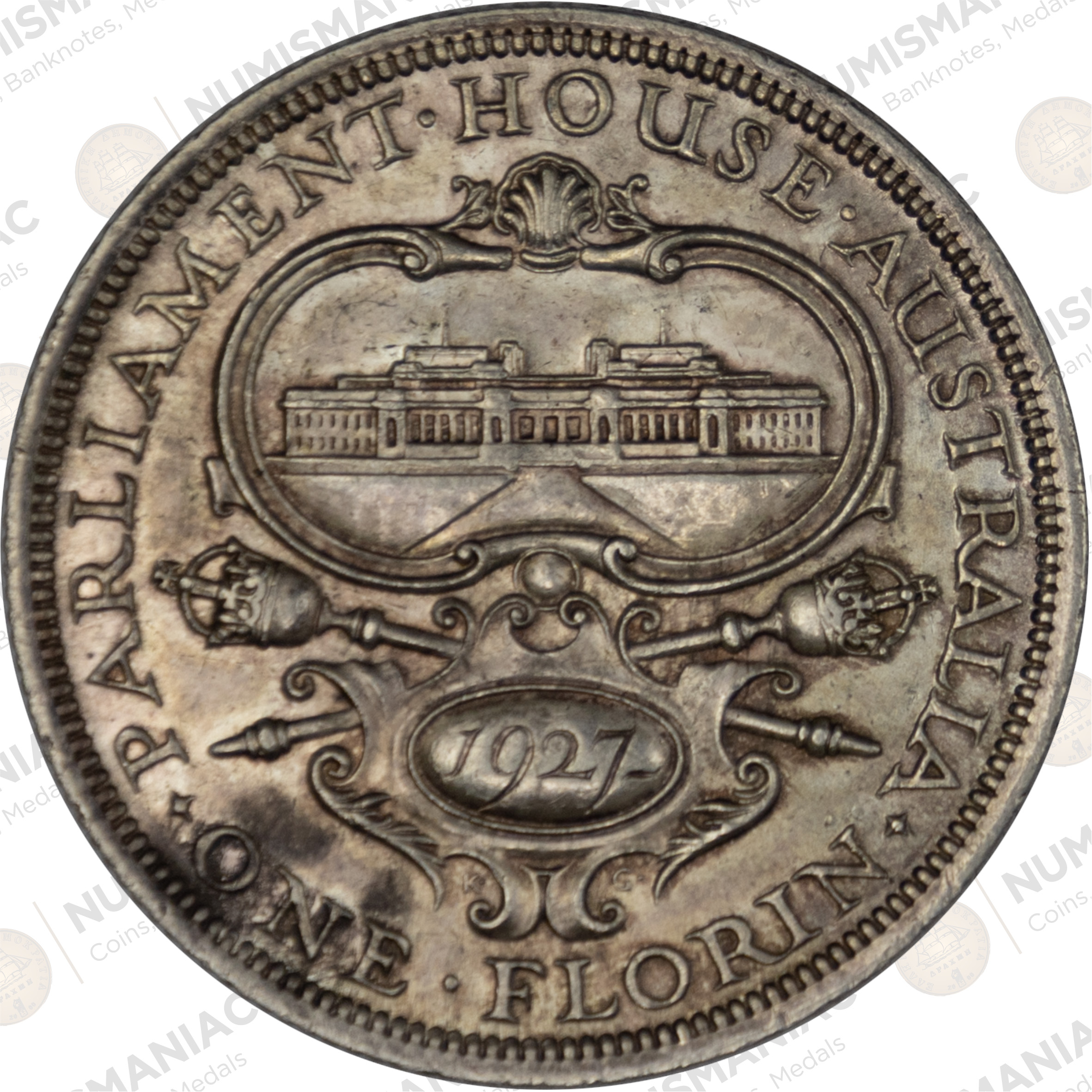 Australia 🇦🇺 1927 Silver Florin – King George V Parliament House Commemorative Coin(Ag /11.31gr / .925). - Image 2