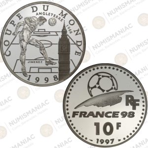 France 🇫🇷 1997 Silver 10 Francs – 1998 World Cup Commemorative Coin - England (Ag / 22.2gr / .900).