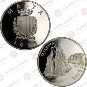 Malta 🇲🇹 1994 Silver 5 Liri Proof Coin – Valetta Sailing Ship Commemorative (Ag / 31,47gr / .925).