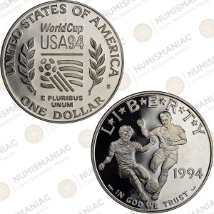 USA 🇺🇸 1994-S Proof Silver Dollar – FIFA World Cup USA ’94 Commemorative Coin (Ag / 26.73gr / .900).