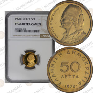 Greece 🇬🇷 1978 Nickel brass 50 Lepta – Markos Botsaris– NGC PR66 Ultra Cameo.