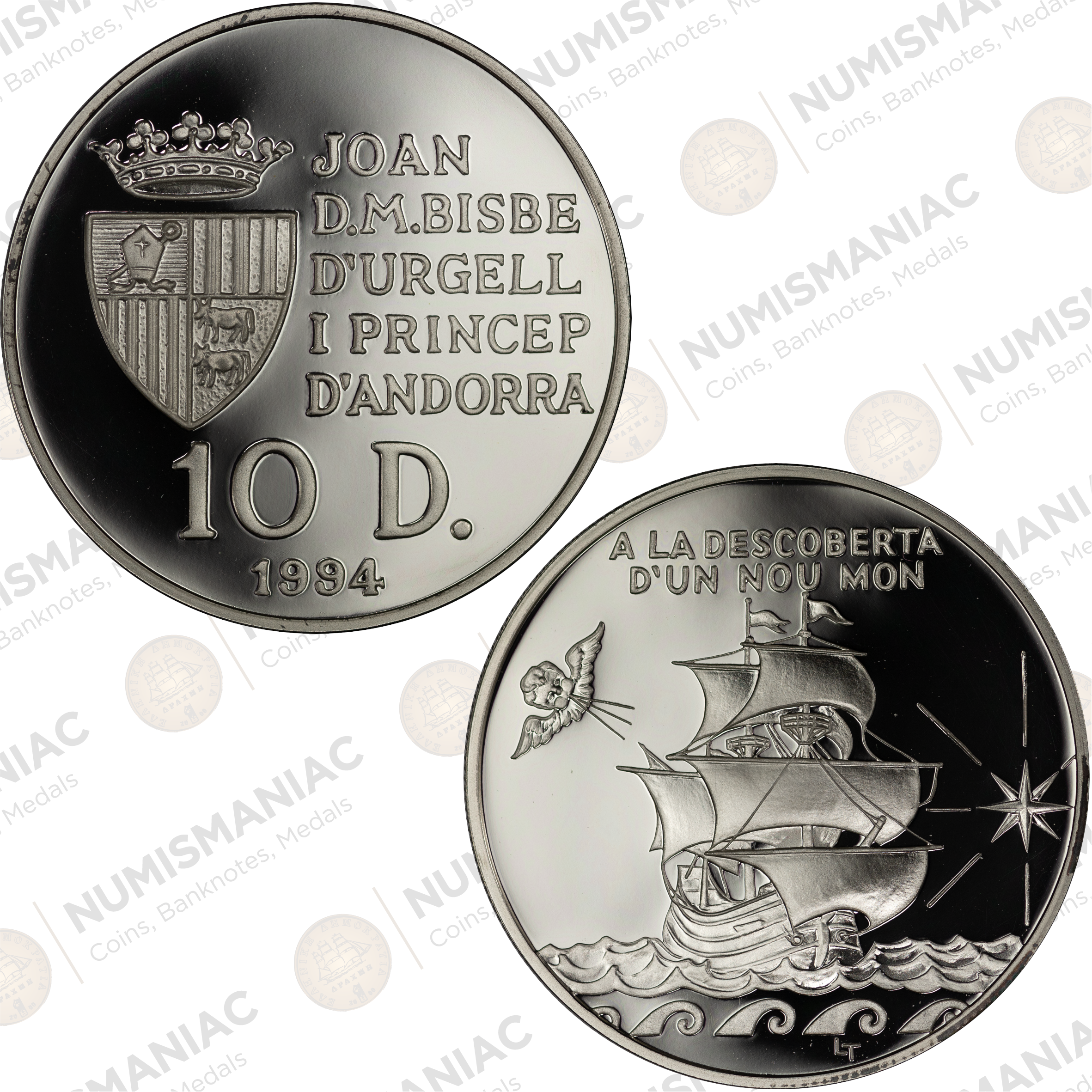 Andorra 🇦🇩 1994 10 Diners Silver Proof Coin – Joan Martí i Alanis | Discovery of America (Ag / 31,47gr/ .925).