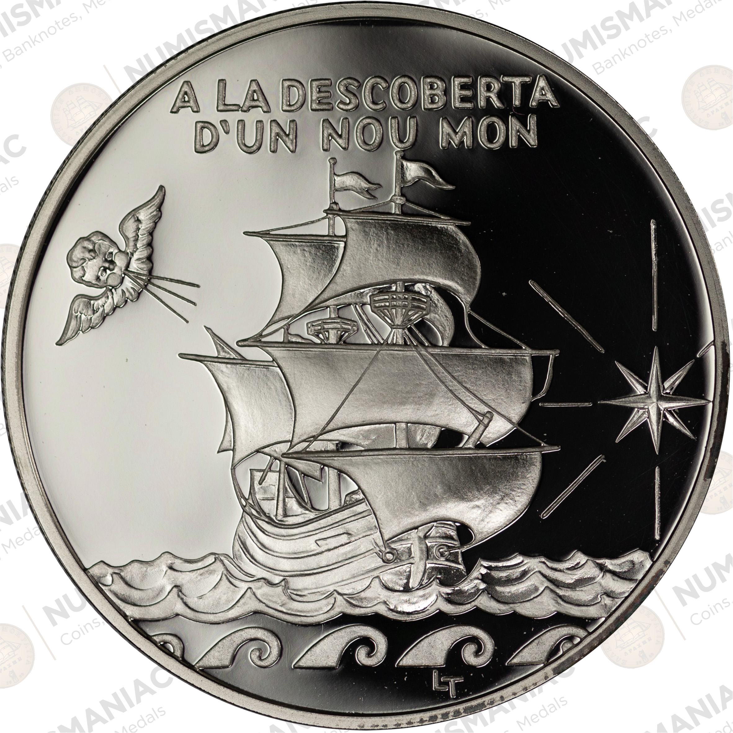 Andorra 🇦🇩 1994 10 Diners Silver Proof Coin – Joan Martí i Alanis | Discovery of America (Ag / 31,47gr/ .925). - Image 2