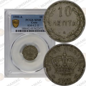 Crete 🇬🇷 1900 10 Lepta Medal Alignment (KM#4.2) – PCGS XF45 – Rare Cretan State Variety.