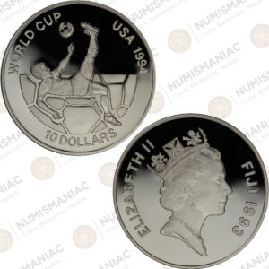 Fiji 🇫🇯 1993 Silver $10 – Queen Elizabeth II – FIFA World Cup USA 1994 Commemorative (Ag / 31,47gr / .925).
