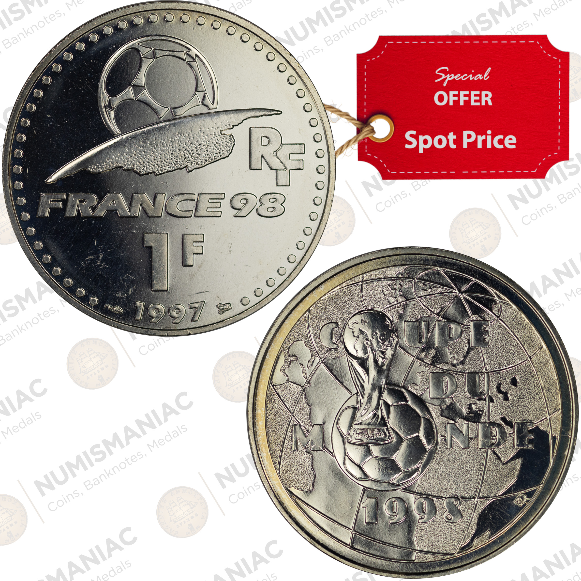 France 🇫🇷 1997 Silver 1 Franc Proof Coin – 1998 FIFA World Cup Commemorative (Ag / 12gr/ .900).