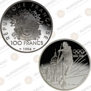France 🇫🇷 1994 Silver 100 Francs – Javelin Throw – Olympic Sports Commemorative Coin (Ag / 33.63gr / .925).
