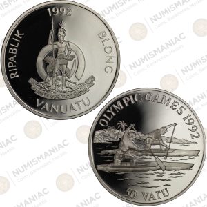 Vanuatu 🇻🇺 1992 50 Vatu Silver Proof Coin – Canoe Olympic Games (Ag / 31,47gr/ .925).