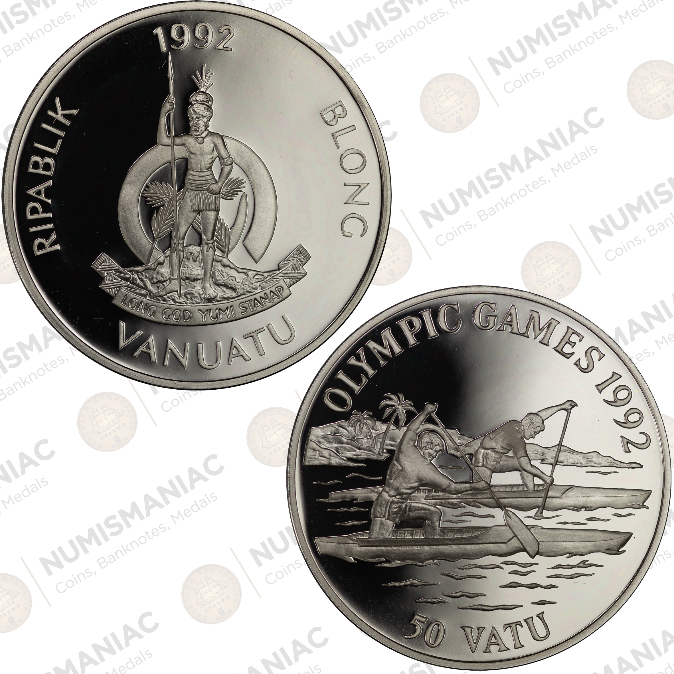 Vanuatu 🇻🇺 1992 50 Vatu Silver Proof Coin – Canoe Olympic Games (Ag / 31,47gr/ .925).