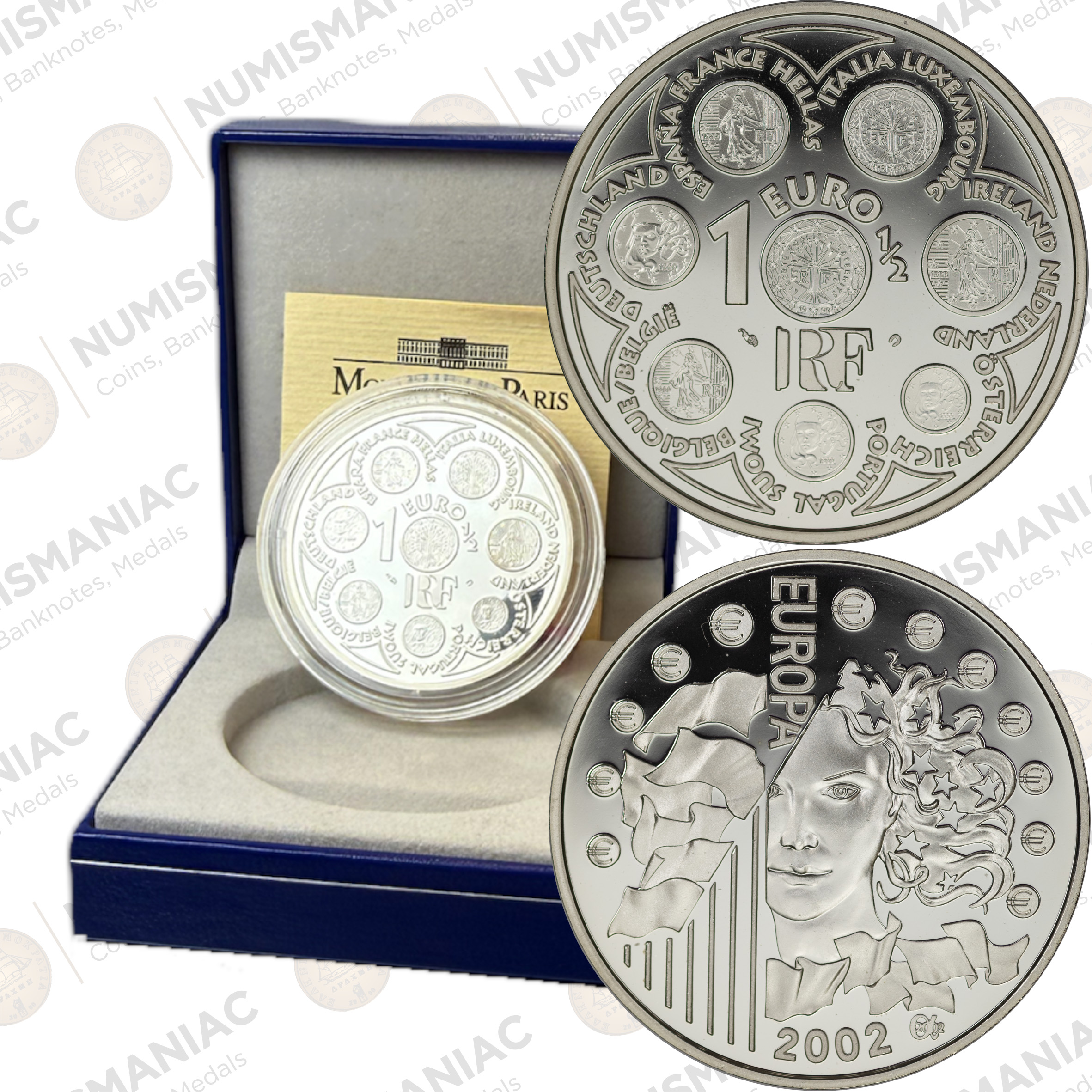 France 🇫🇷 2002 1.5 Euro Silver Proof Coin – First Euro Collector Issue (Ag / 22.2gr/ .900).