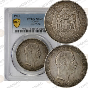 Crete 🇬🇷 1901 5 Drachmai Silver Coin – Prince George – PCGS XF40.
