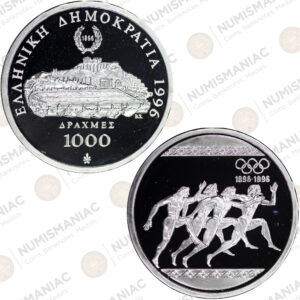 Greece 🇬🇷 1996 1000 Drachmai Silver Proof Coin – 1896–1996 Olympic Games – (Ag / 33.63gr/ .925).